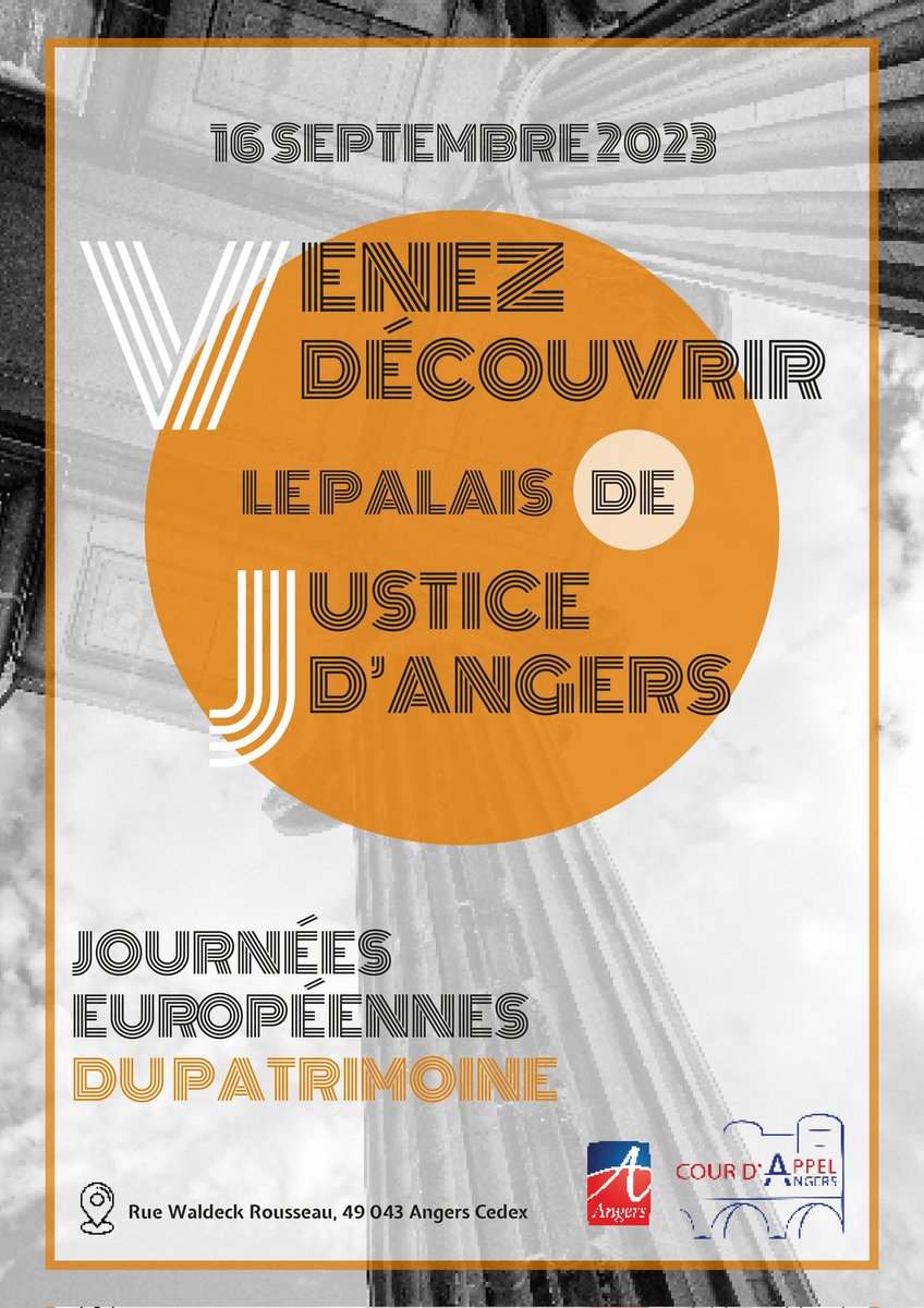 Venez découvrir le palais de justice d'#Angers le 16/09/23 à l'occasion des #JEP 2023. Au programme : visites guidées, procès fictifs pour enfants, solo de théâtre "Gisèle Halimi, défendre !". Pour en savoir plus : cours-appel.justice.fr/angers/journée…