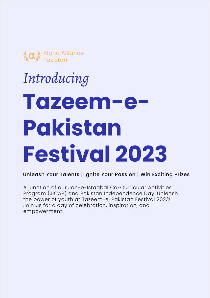 AzmeFalah's tweet photo. Introducing Tazeem-e-Pakistan Festival 🇵🇰

Join Alpha Alliance Pakistan in a celebration of unity and empowerment! Stay tuned to get the first-hand information.

#TazeemePakistan | #YouthEmpowerment | #CommunityCelebration | #AlphaAlliancePakistan | #BeAlpha | #Rebranding https://t.co/IfjmK9IvhY