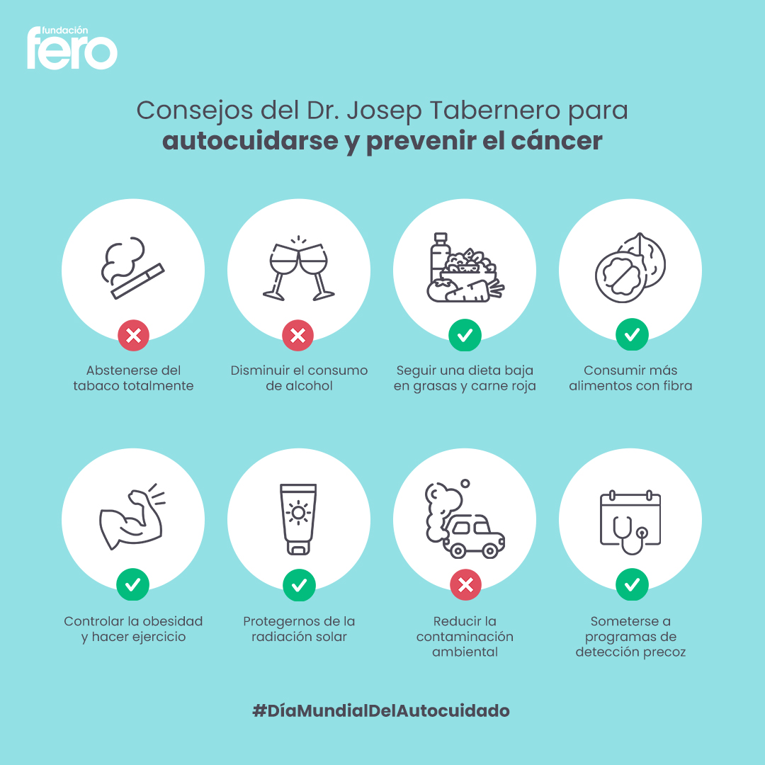 Ciertas prácticas de autocuidado ayudan a reducir las probabilidades de desarrollar cáncer. Las que te contamos hoy son algunas que nos regaló el Dr. Josep Tabernero. ¿Las aplicas todas? 💚 #FundaciónFERO #FERO #Investigación #StopCancer