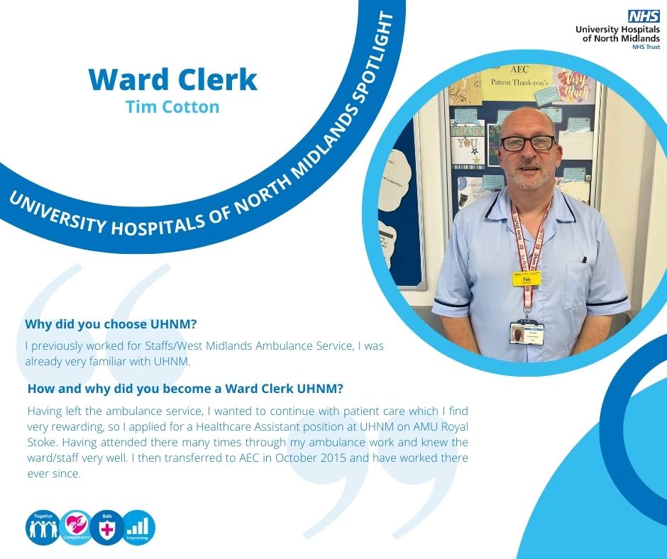 CareersAtUHNM's tweet photo. Meet Tim Cotton, Ward Clerk!👋

"Having left the ambulance service, I wanted to continue with patient care which I find very rewarding"💙

#MyUHNMcareer #UHNMspotlight⭐️ https://t.co/6byb6GI95U