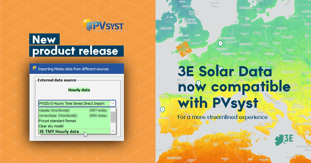 📢 3E Solar Data is now fully compatible with PVSyst!

See PVsyst's latest release notes: eu1.hubs.ly/H04Hc5y0

More info about 3E Solar Irradiation Data at eu1.hubs.ly/H04Hc2Y0
