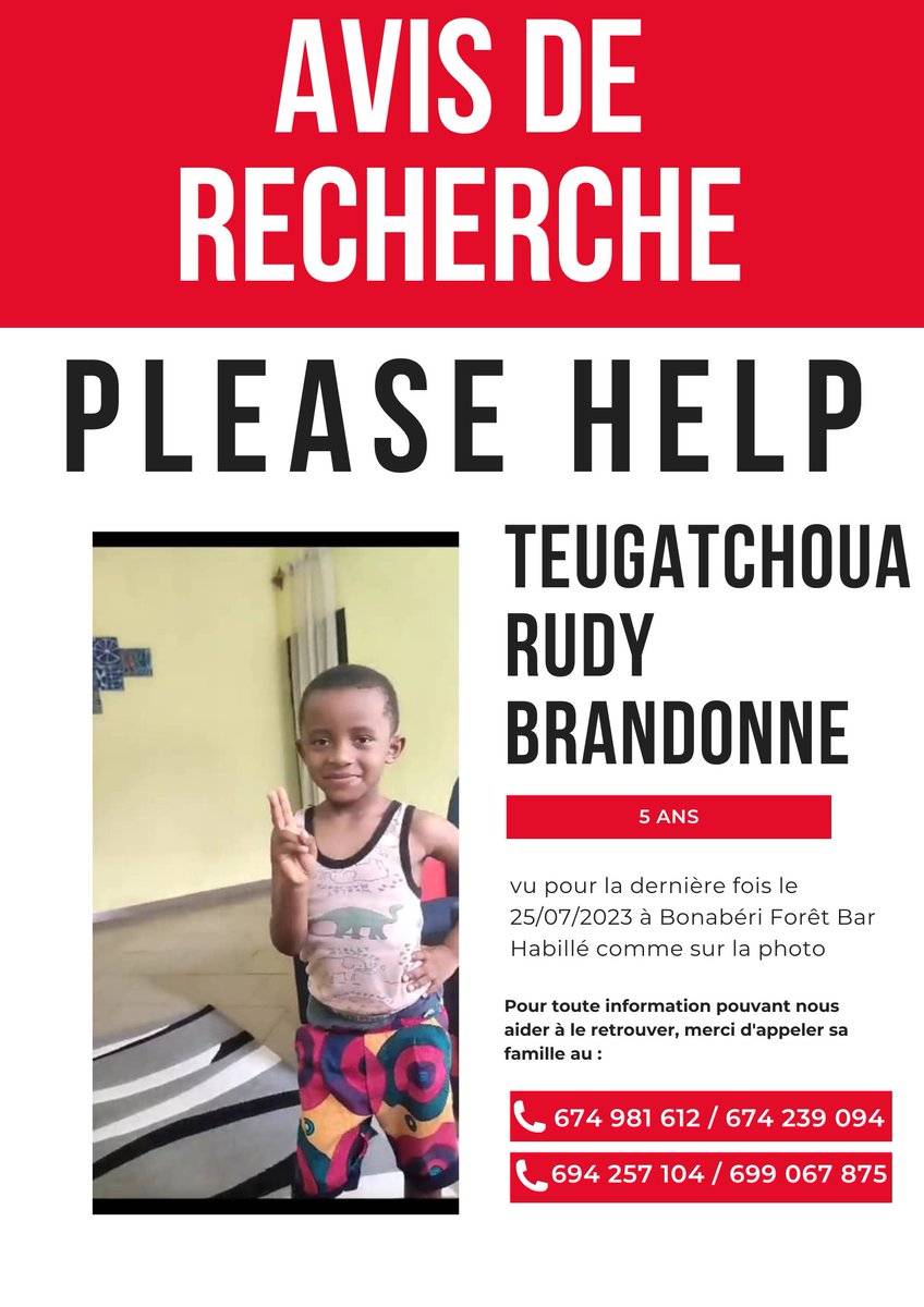 🆘 AVIS DE RECHERCHE   📷
Teugatchoua Rudy Brandonne, âgée de 5 ans, a disparu depuis le 25/07/2023 à Bonabéri Forêt bar. #EnfantDisparu #RetrouvonsLes   
En cas d'information, contactez la famille au 
(+237) 699067875 / 674239094 / 694257105