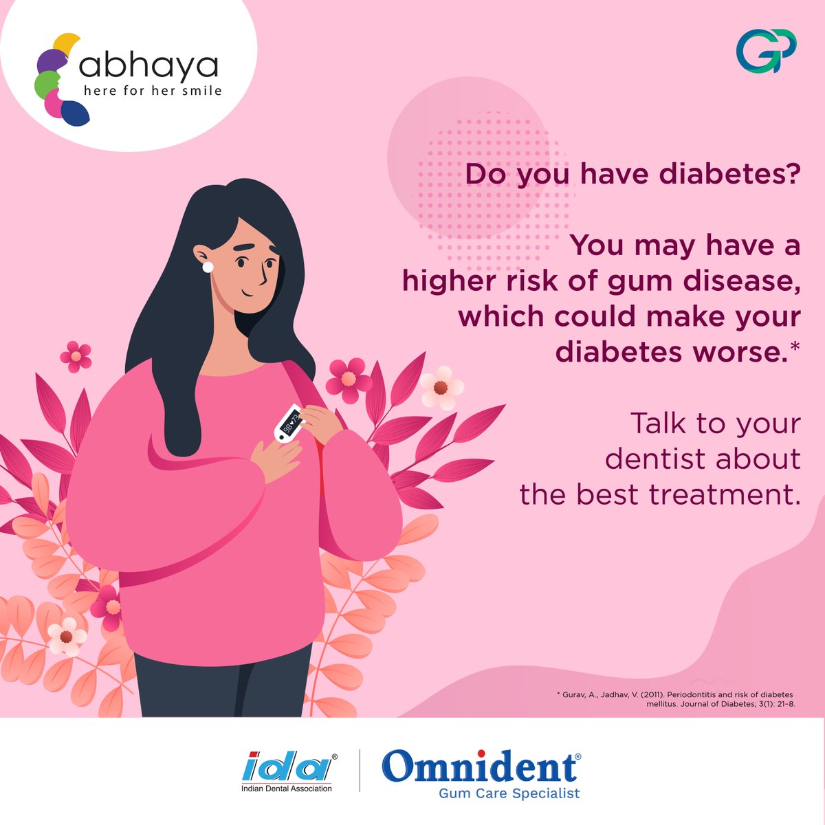 group_pharma's tweet photo. Diabetes can increase the amount of glucose in your saliva, leading to more bacterial growth and plaque build-up. This leads to gum disease if not treated, and starts a viscous cycle. #Abhaya

If you are a doctor and want to join the Abhaya program, visit: https://t.co/0ByruSv9X0 https://t.co/ZRJ174L0rD