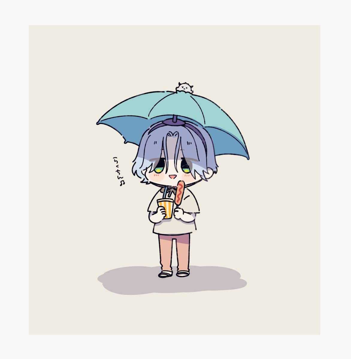 1boy holding umbrella shirt male focus green eyes chibi  illustration images