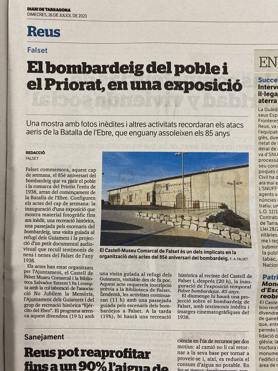 Avui #Falsetbombardejat al <a href="/diaridtarragona/">Diari de Tarragona</a> #bombardejos1938 #batalladelebre #Priorat #refugisantiaeris @CastellFalset <a href="/falset_cat/">Ajuntament de Falset</a> <a href="/JubilemLa/">No jubilem la memòria</a> <a href="/miquelatxo/">Miquel Perelló Segura</a> <a href="/Aj_elsGuiamets/">Aj. Els Guiamets</a> #ejercitodelebro