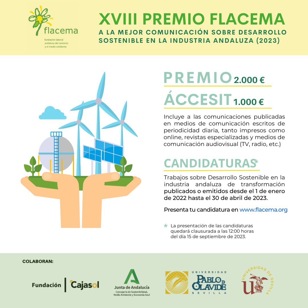 FLACEMA's tweet photo. 📰 ¡Abierto el plazo de la XVIII Edición del ‘Premio #FLACEMA a la Mejor Comunicación sobre #Desarrollo Sostenible en la #Industria Andaluza’!

🎯 Con un primer premio de 2.000 euros y un accésit de 1.000 euros.

✅ Más información en https://t.co/m4dXD4Ajky https://t.co/Q16YampUmK