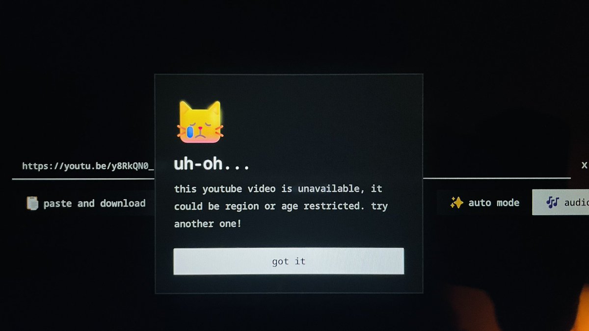 pablorosasn's tweet photo. @justusecobalt Please 🙁 do something with this message 😭 I’m trying to download some great songs from YouTube and I can’t… is there any way you can’t fix or override this? Cobalt is the greatest tool and love the cat but this situation is a little bit annoying https://t.co/MMptov9yR8