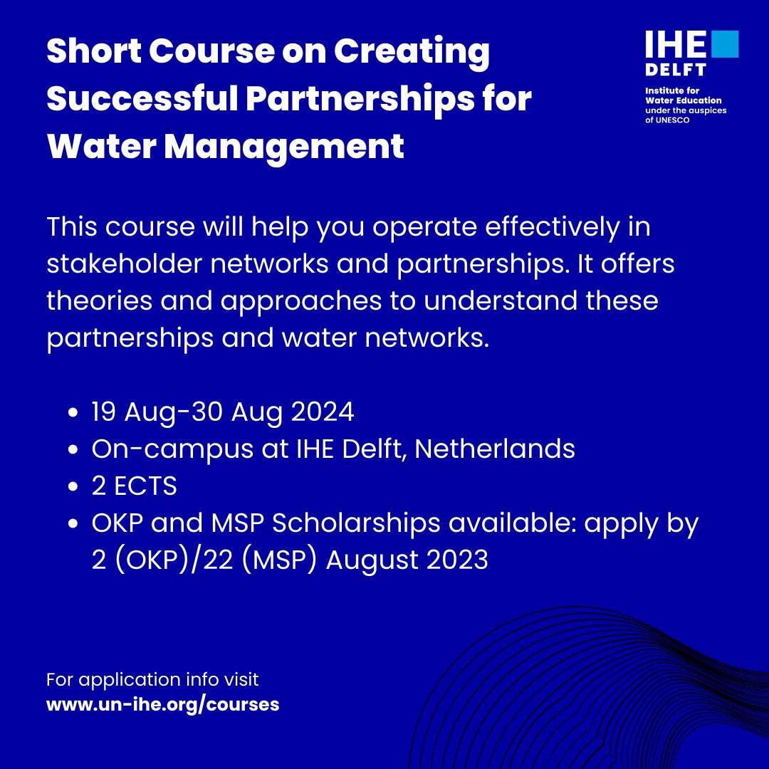 ihedelft's tweet image. Apply for our our short course on Creating Successful Partnerships for Water Management. Water professionals from over 30 countries can apply for an #OrangeKnowledge or #MSP #Scholarship. Expand your 💧 network and join the #IHEcommunity! More info: un-ihe.org/courses/on-cam…