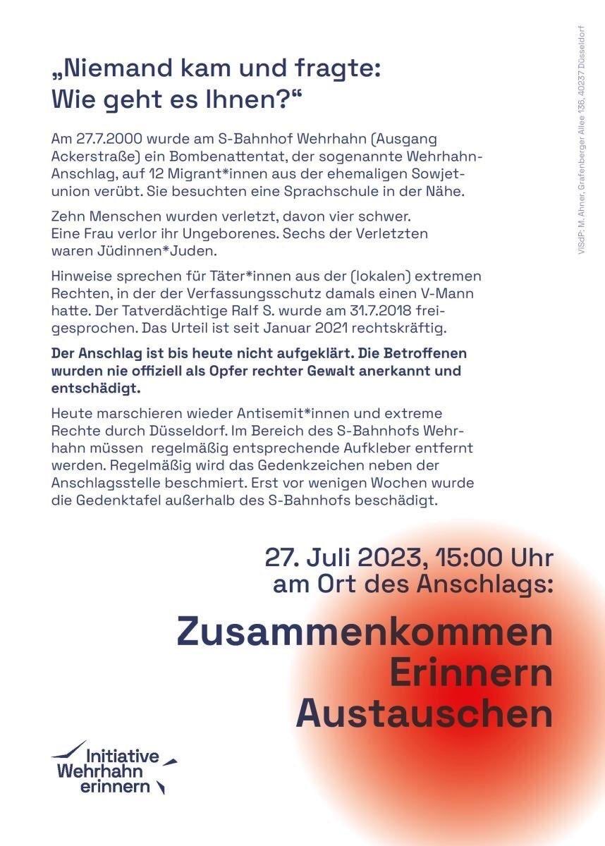 nsuwatch_nrw's tweet photo. Hintergrund und Aufruf der Initiative #Wehrhahn Erinnern für das Gedenken und Zusammenkommen am 27.07.2023 am S-Bahnhof, Eingang #Ackerstrasse.
#KeinVergessen https://t.co/6yy45MztQi