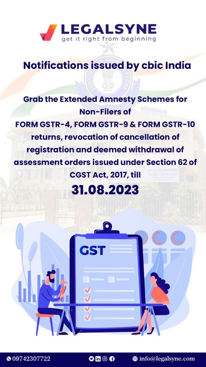Extended amnesty schemes for non-filers of GSTR-4, GSTR-9 & GSTR-10 returns, registration cancellation revocation, and assessment order withdrawal till 31.08.2023. @cbic_india

#ExtendedAmnesty #GSTAmnesty #GSTR4 #GSTR9 #GSTR10 #CBIC #TaxCompliance #BusinessNews #DeadlineExtended