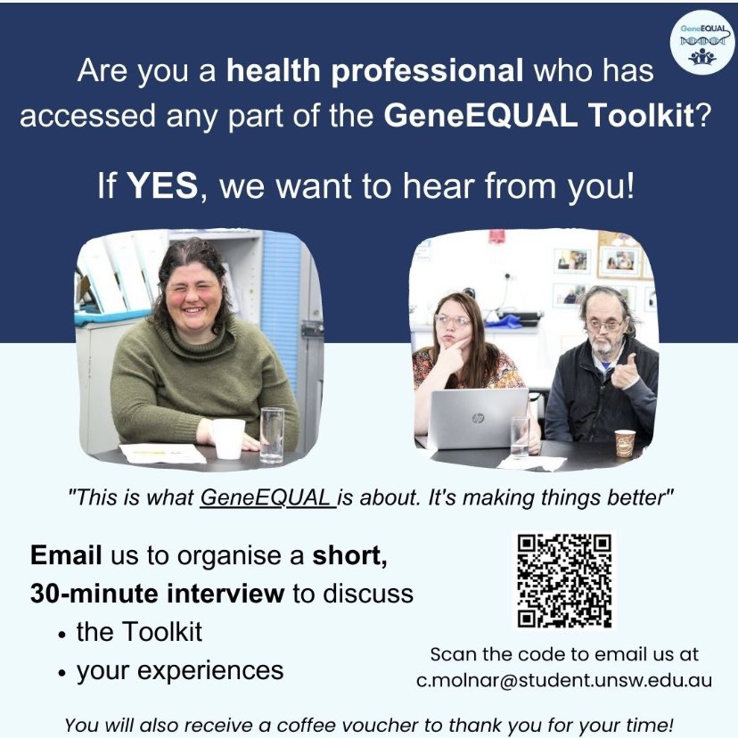<a href="/GeneEQUAL/">GeneEQUAL</a> is about making health care better for people with intellectual disability. If you are a #healthprofessional who accessed the #toolkit we want to hear from you! Details are in the image to participate in a short interview to discuss the #toolkit &amp; your experiences.