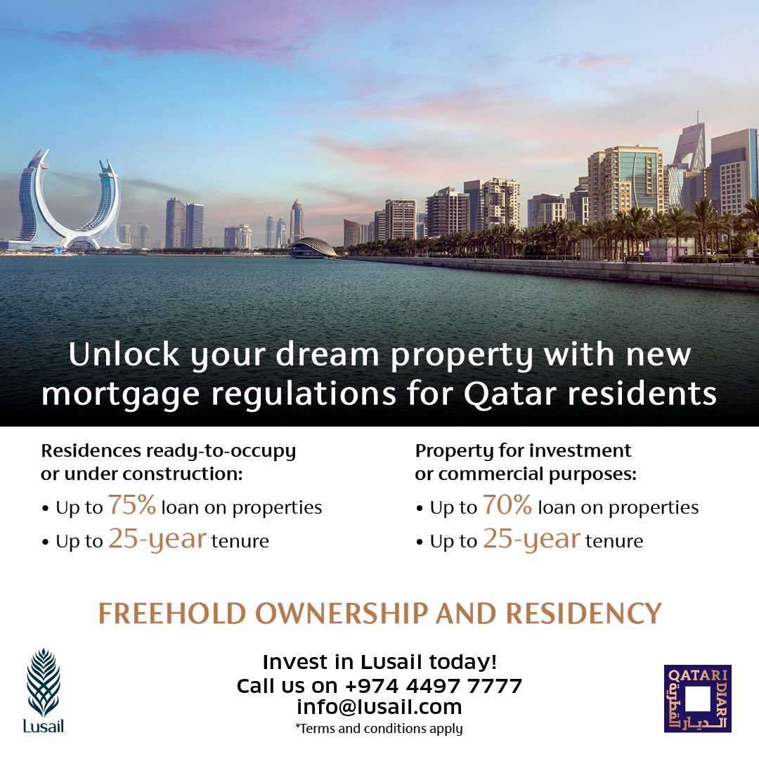 If you’re living in Qatar and hoping for a property of your own, these changes in the mortgage regulations could help you buy your dream property – with attractive Loan-To-Value rates and extended repayment periods. Find more in our website for our properties
#Lusail #RealEstate