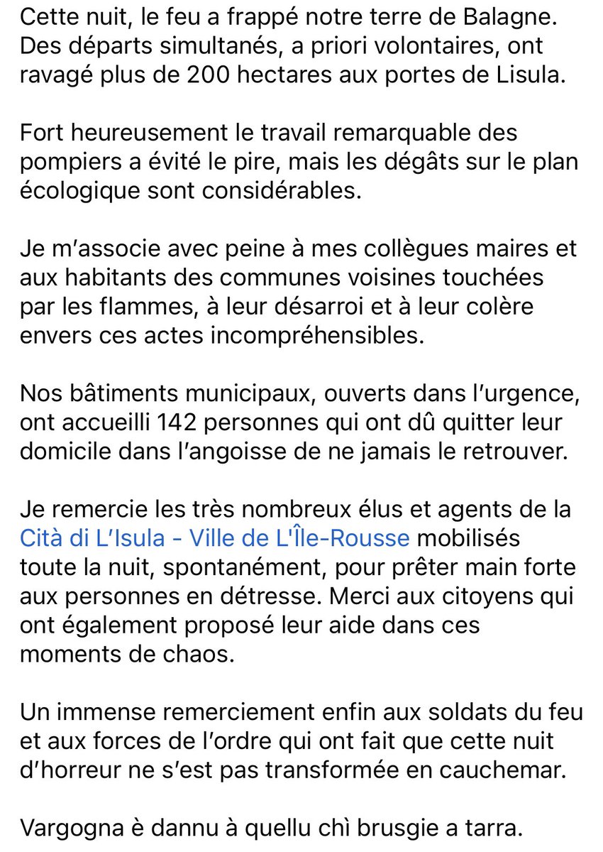 AngeleBastiani's tweet photo. Incendies de cette nuit : désarroi, colère, remerciements. 
Vargogna è dannu à quellu chì brusgie a tarra !
@CitaDiLisula @sis_2b @IsulaCorsica @CCIRB @Prefet2B https://t.co/z10xVMH1eN