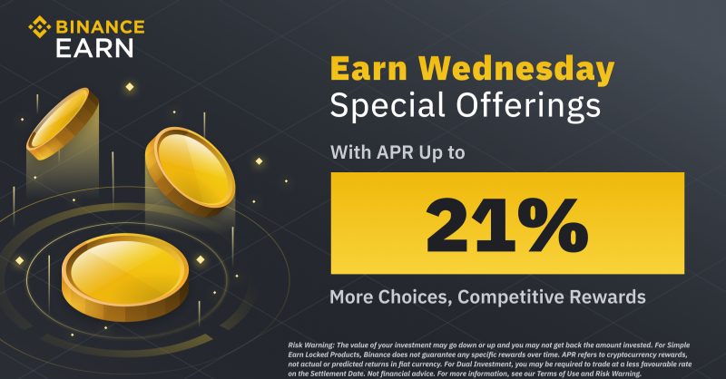binance's tweet photo. Start earning extra rewards this Wednesday with #Binance Earn.

Check out the limited-time offers with up to 21% APR ⤵️