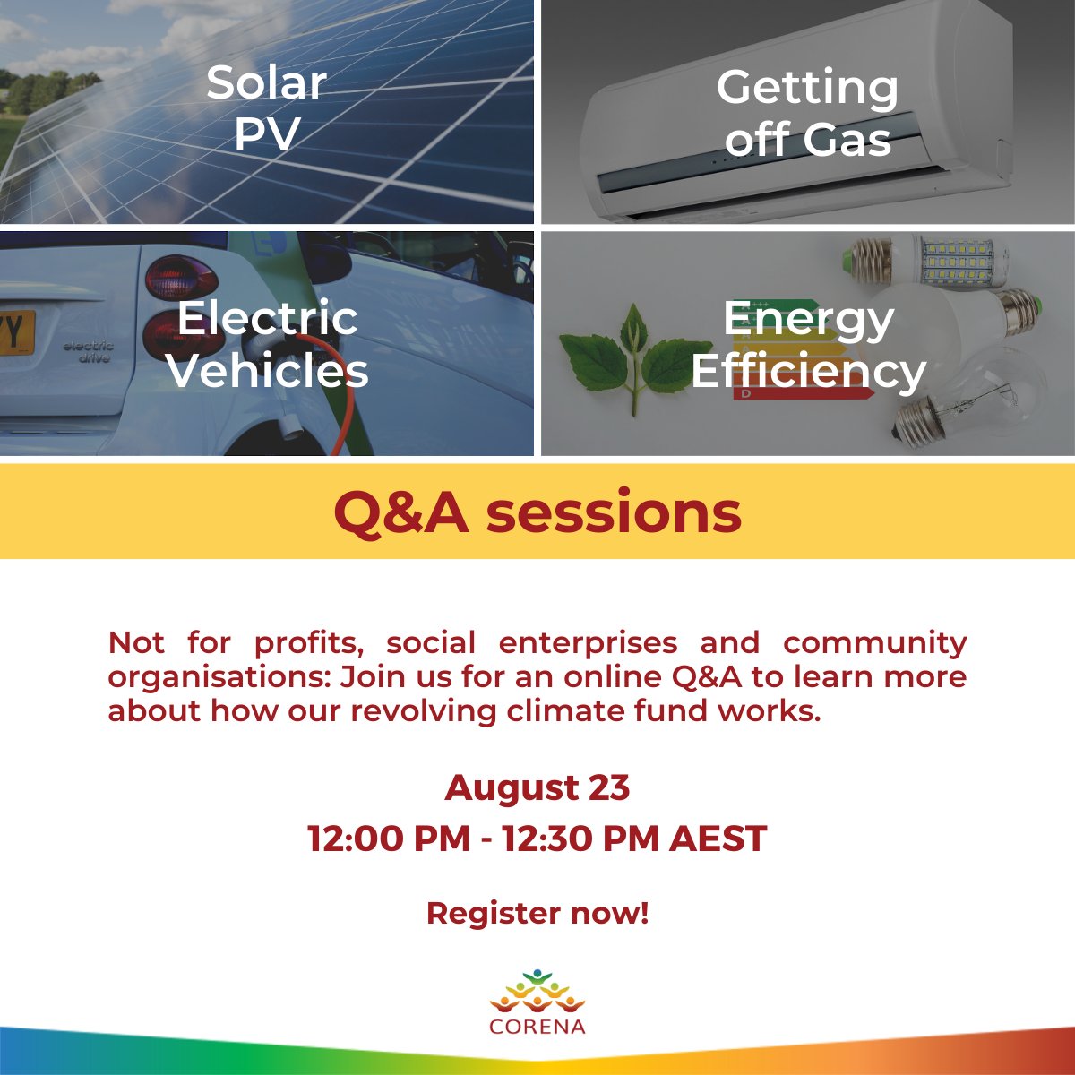 Did you know that we hold Q&amp;A sessions about our zero-interest loans that help community organisations pay for projects like installing #solar panels, improving #energyefficiency, switching away from fossil #gas use, and purchasing #electricvehicles? 👇
eventbrite.com.au/e/corena-not-f…