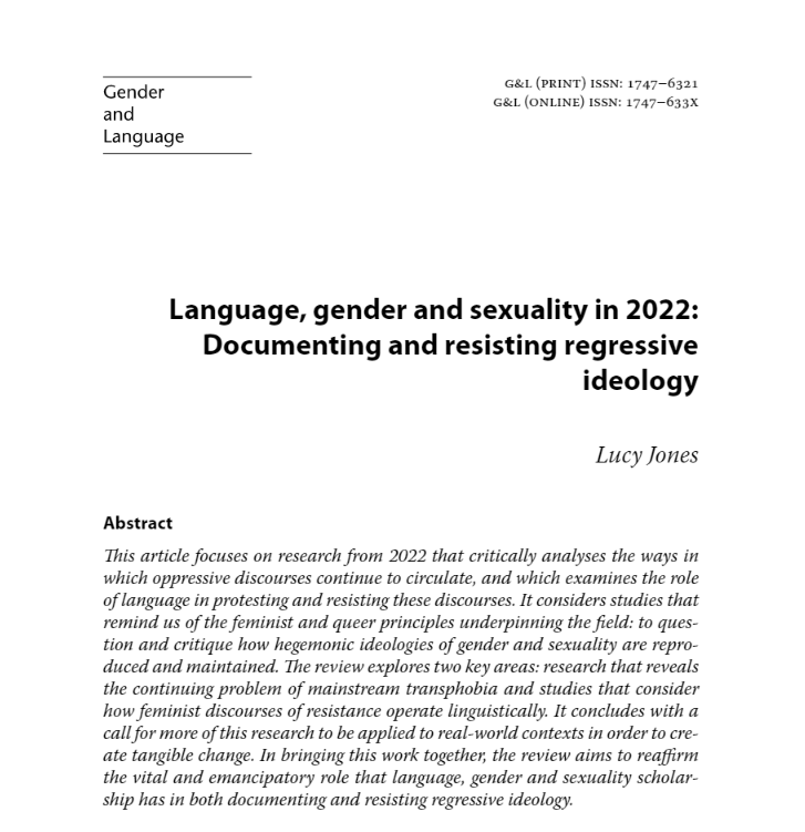 I'm honoured to have written the latest review in @GenderLanguage's annual series looking back at Language, Gender and Sexuality research from the previous year. There's so much exciting work happening in the field right now! journal.equinoxpub.com/GL/article/vie…