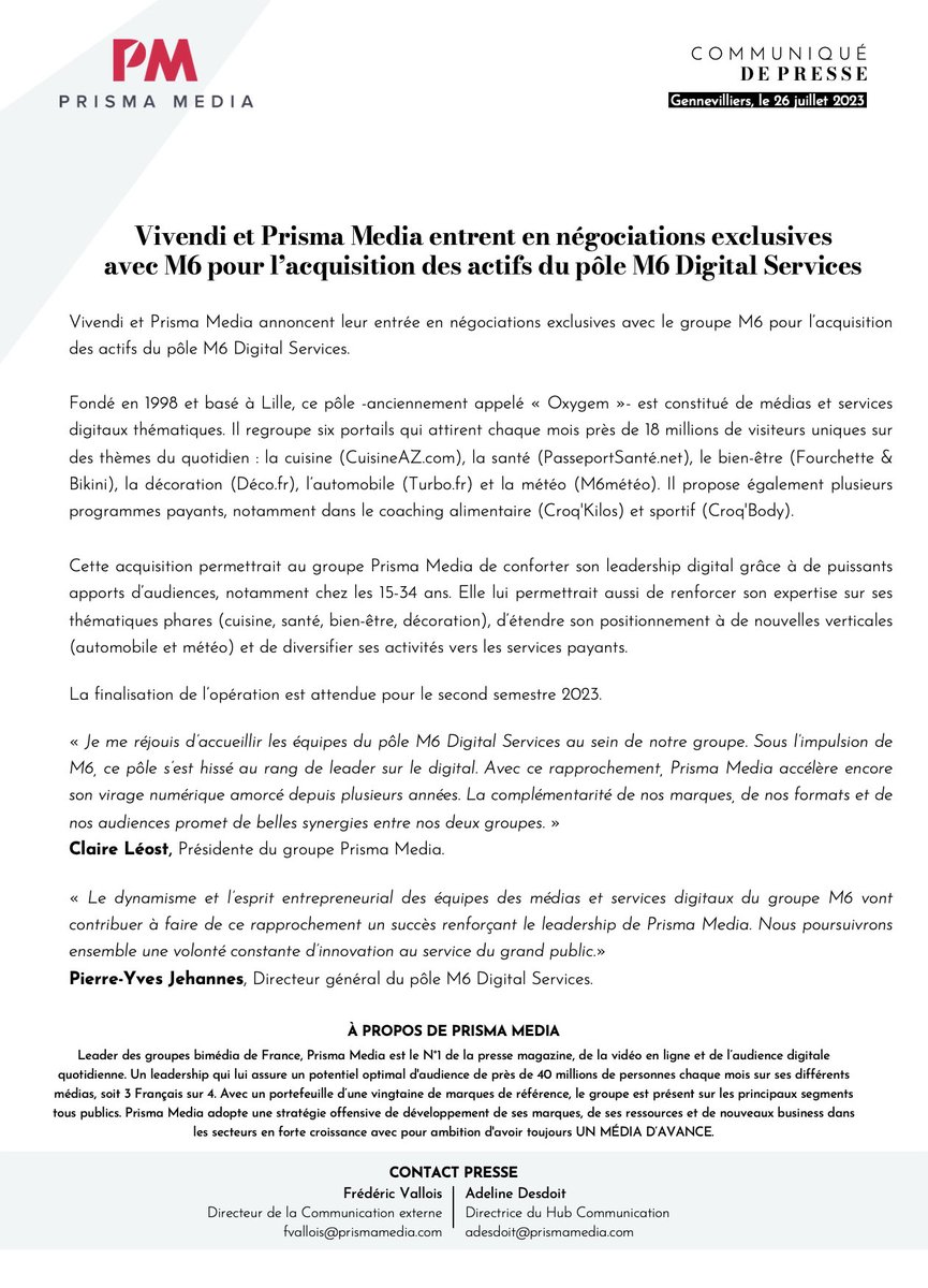 [𝐂𝐎𝐌𝐌𝐔𝐍𝐈𝐐𝐔𝐄 𝐃𝐄 𝐏𝐑𝐄𝐒𝐒𝐄]
▶️Vivendi et Prisma Media entrent en négociations exclusives avec M6 pour l'acquisition des actifs du pôle M6 Digital Services.

#digital #developpement