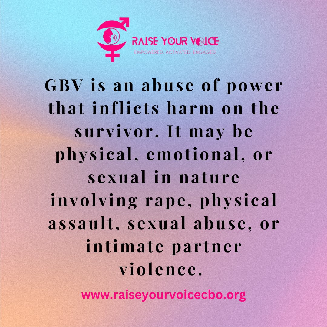 RaiseYourV_oice's tweet image. GBV is a harrowing abuse of power that inflicts unimaginable harm on survivors. It takes many forms - physical, emotional, or sexual, causing immense suffering. We must stand together to end this injustice and create a safer, more compassionate world. 

#EndGBV #RaiseYourVoice