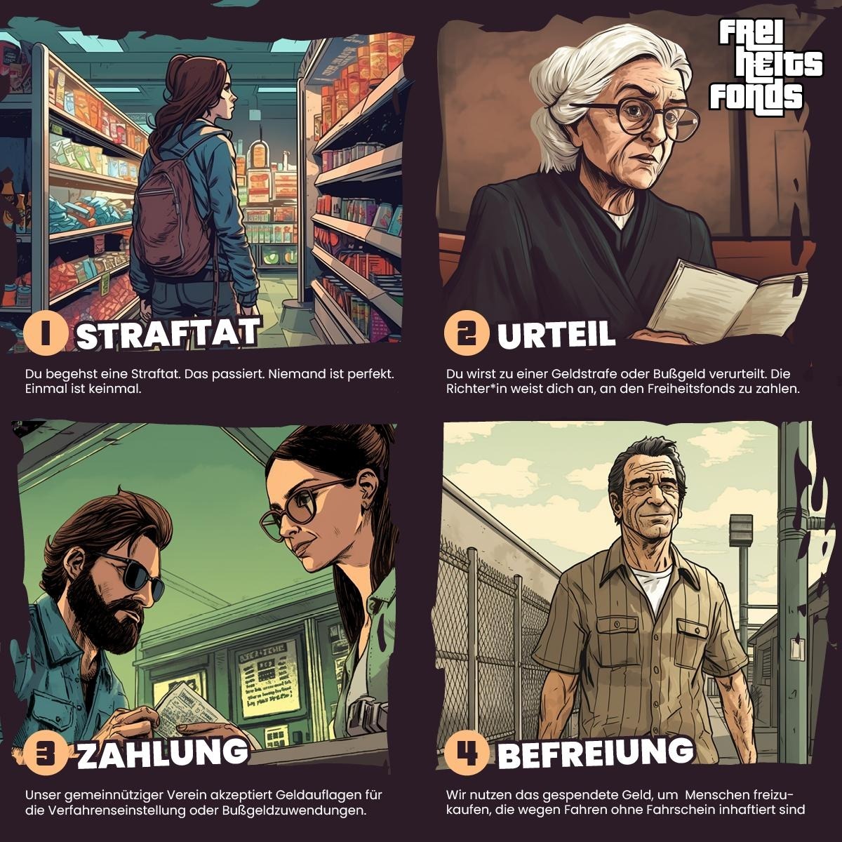 Der Freiheitsfonds ist jetzt gemeinnützig! 

Wir können damit nicht nur Spendenbescheinigungen ausstellen, sondern auch Geld von Gerichten annehmen.

Richter*innen können uns Geldauflagen zur Einstellung von Strafverfahren zuweisen – und damit Menschen aus dem Gefängnis befreien.
