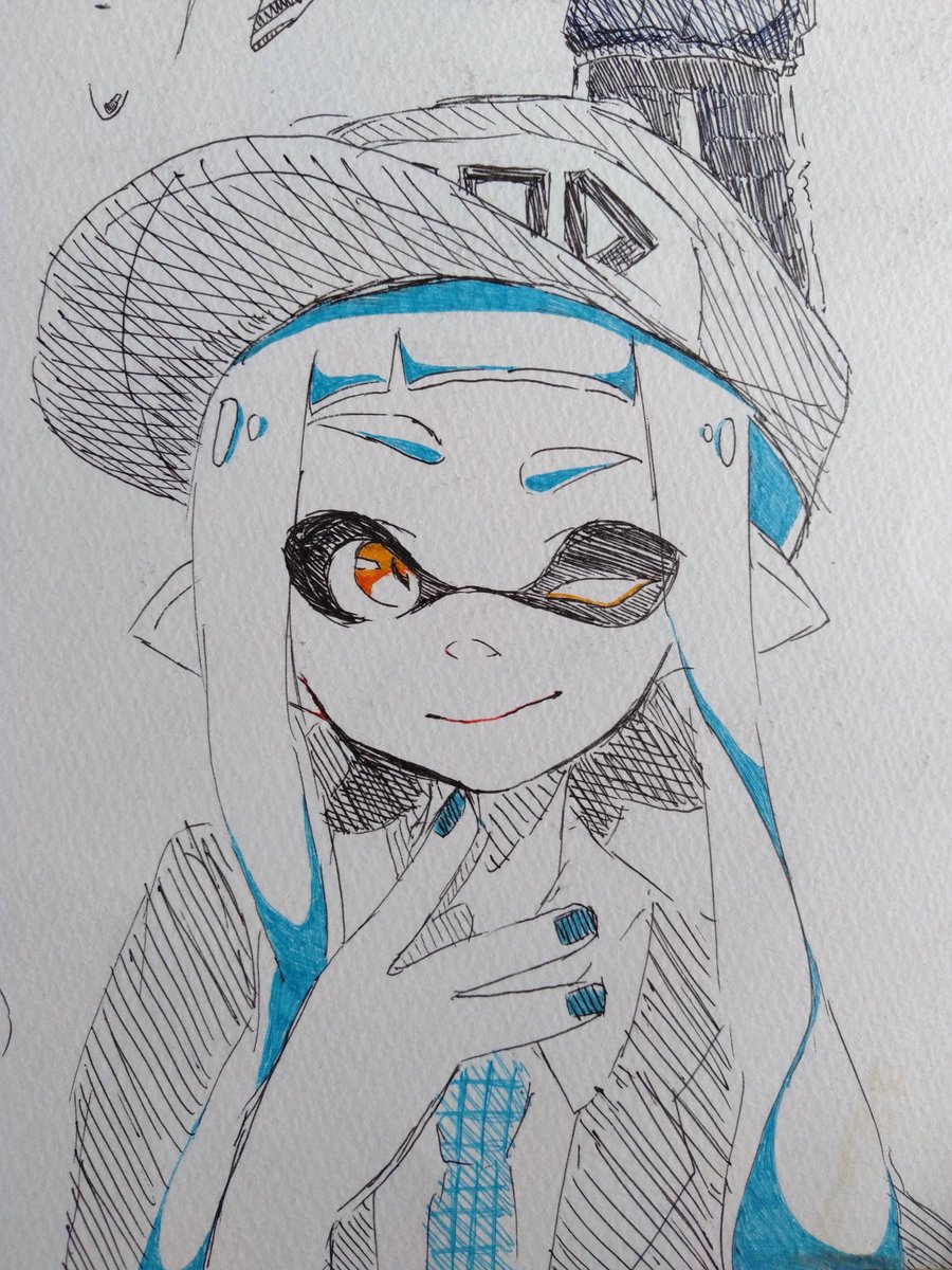イカ絵師だったときのペン画一発絵出てきた 