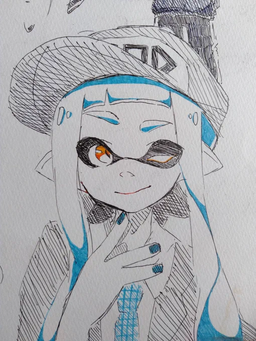 イカ絵師だったときのペン画一発絵出てきた 