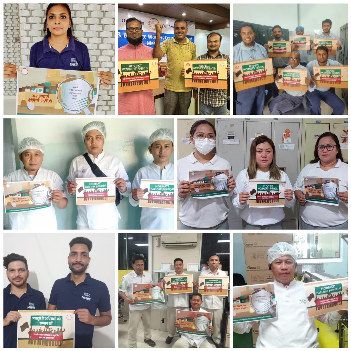 iufap's tweet photo. Nestle workers from Indonesia, Bangladesh, Malaysia, India, Philippines & Pakistan stand in solidarity with #Starbuks workers in the USA. Unionized workers cannot accept that their employer is doing business with a viciously anti-union company like @starbucks #TheUnionIsCalling https://t.co/Umxcnx72FO
