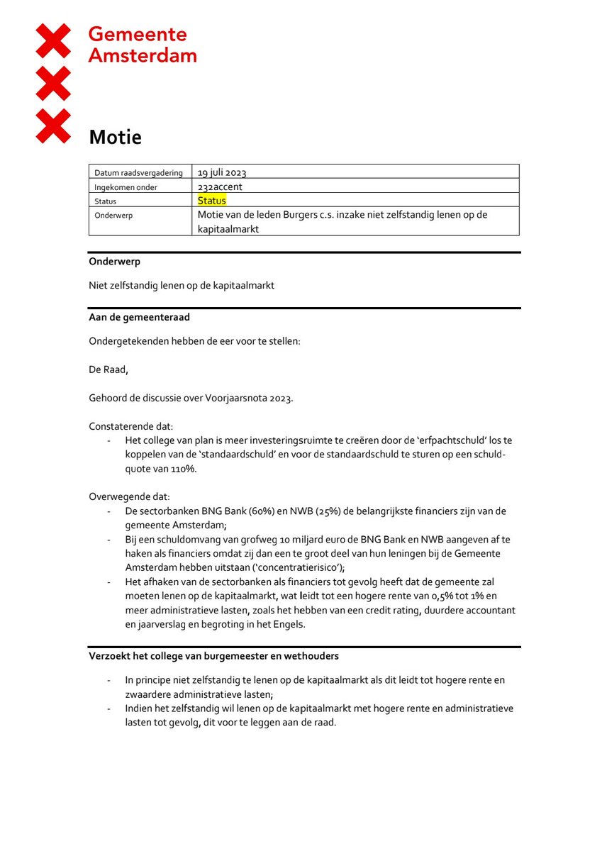 KuneBurgers's tweet photo. De schuld van Amsterdam loopt op naar 10 miljard euro. Overheidsbanken hebben aangegeven bij dat bedrag af te haken als financiers. Dan rest de kapitaalmarkt, inclusief hogere rente. Op ons voorstel moet dit eerst aan de gemeenteraad worden voorgelegd. ⬇️ https://t.co/OJbb3nMETV