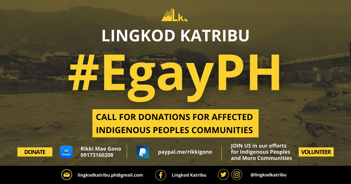 Lingkod Katribu is calling for donations and volunteers for indigenous peoples communities affected by Super Typhoon Egay (Doksuri) across the country such as those in Northern Luzon, Palawan, and Panay Island.

#LingkodKatribu
#Ogogfo
#EgayPH
#DonatePH