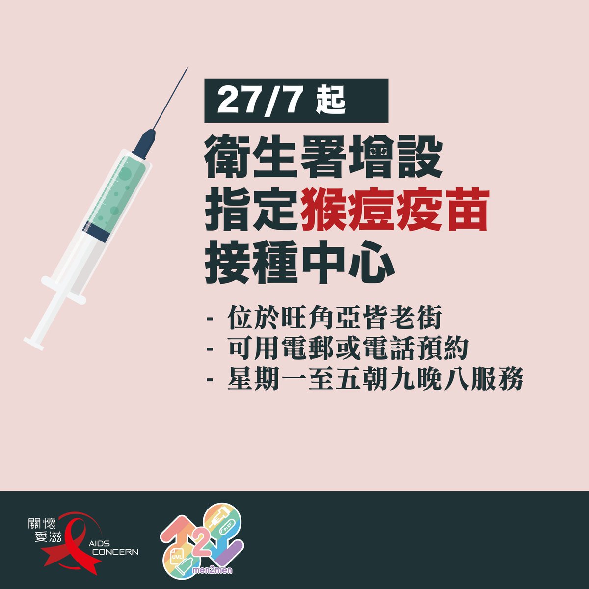 去社會衛生科想打猴痘疫苗，怕醜之餘仲驚俾人笑，衛生署聽日開始，喺旺角亞皆老街增設接種中心，仲可以電郵或者電話預約添，想知詳情，可以去facebook.com/photo/?fbid=66…