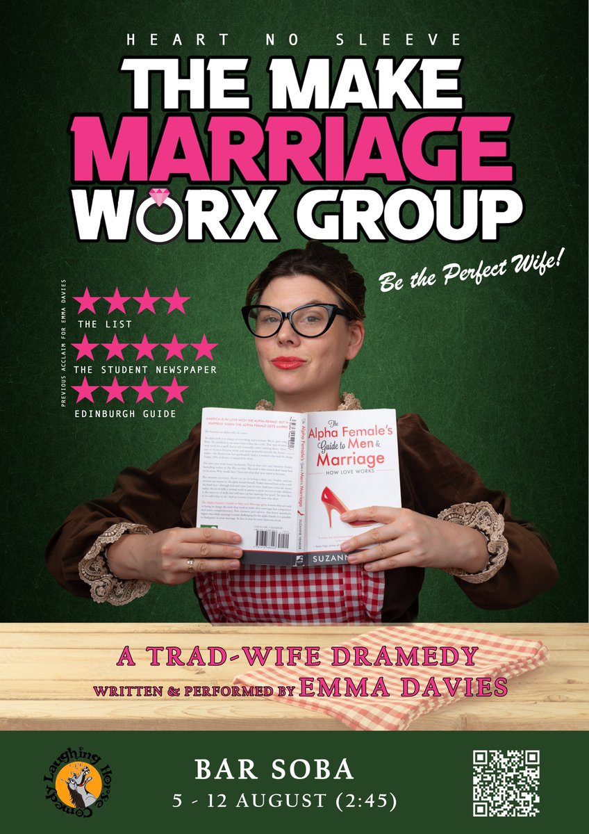 Emma Davies (@emma_dav1es) on Twitter photo I’m taking my trad-wife dramedy, The Make Marriage Worx Group, to the <a href="/edfringe/">Edinburgh Festival Fringe</a>.
Every day at 2:45 from Sat 5-12 August at Bar Soba. Tix are PWYC!
Please catch the show if you're heading to the Fringe! 🙏🤲
#edfringe23 #FillYerBoots
shorturl.at/pFY68 I’m taking my trad-wife dramedy, The Make Marriage Worx Group, to the <a href="/edfringe/">Edinburgh Festival Fringe</a>.
Every day at 2:45 from Sat 5-12 August at Bar Soba. Tix are PWYC!
Please catch the show if you're heading to the Fringe! 🙏🤲
#edfringe23 #FillYerBoots
shorturl.at/pFY68