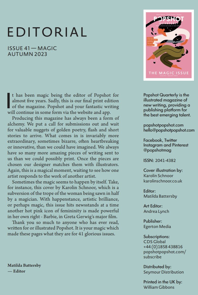 popshotmag's tweet image. News from Popshot Quarterly: unfortunately the Magic Issue will be the last print edition of the magazine and editor @matildbattersby's final issue. Here's her final editor's letter for The Magic Issue which will be out in August. More information for subscribers soon 🙏