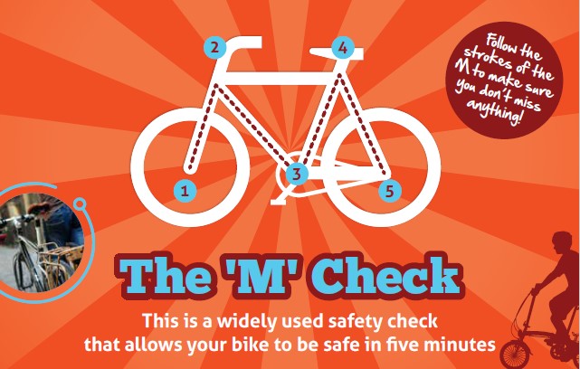 CYCLE TO WORK DAY - 8 days to go!

Get your bike ready!

- Check your bike is safe to ride with the M-check  below. Do this every time you ride! 

 If you need to do any repairs to your bike, find your local bike shop here for tools or servicing:
sustrans.org.uk/campaigns/bike…