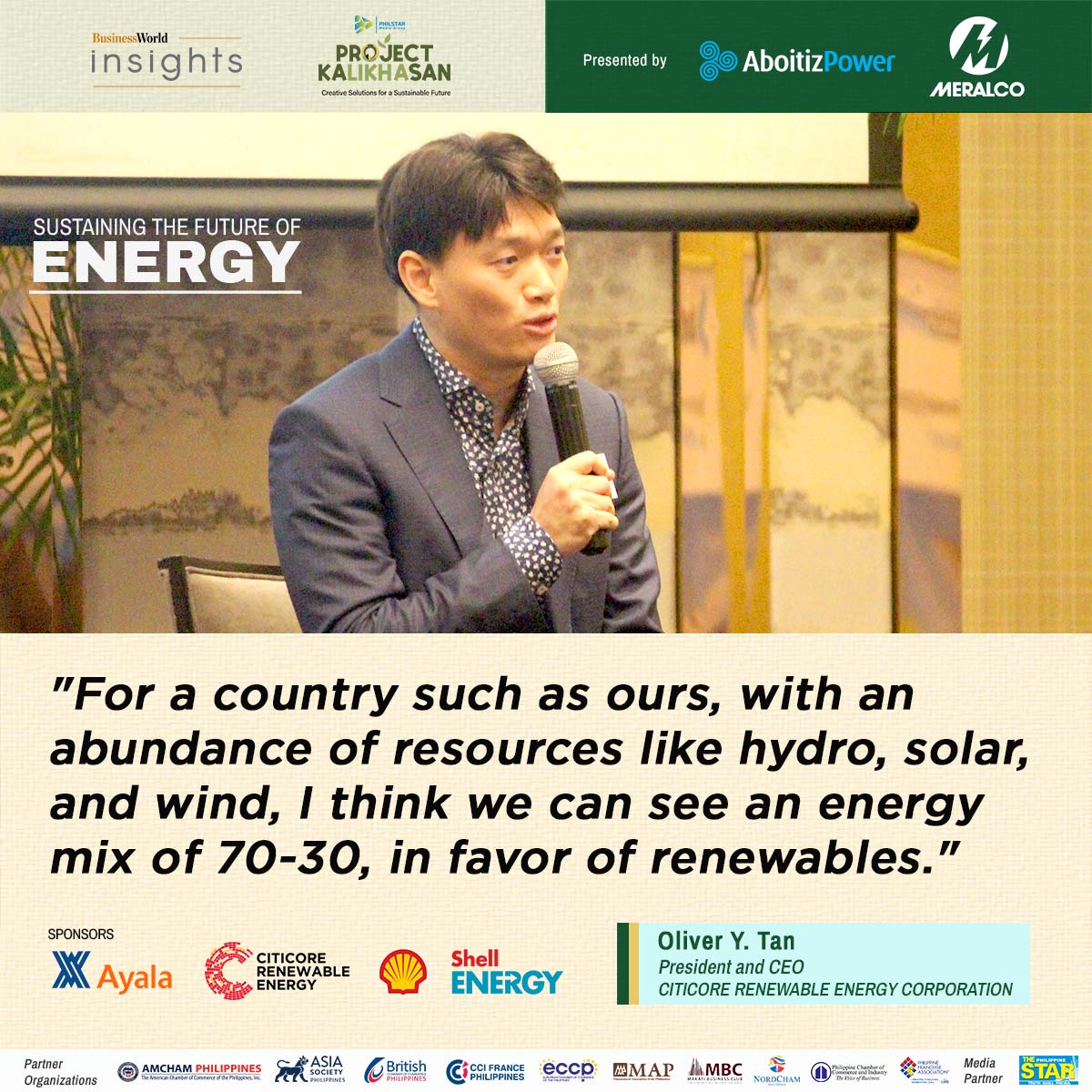 bworldph's tweet photo. Citicore President and CEO Oliver Y. Tan shares his view on “The Best Mix for the Philippine Energy Grid.”
#BusinessWorldInsights #ProjectKaLIKHAsan #PoweringEnergy #BWorldX https://t.co/Tz8Hlcqhxz