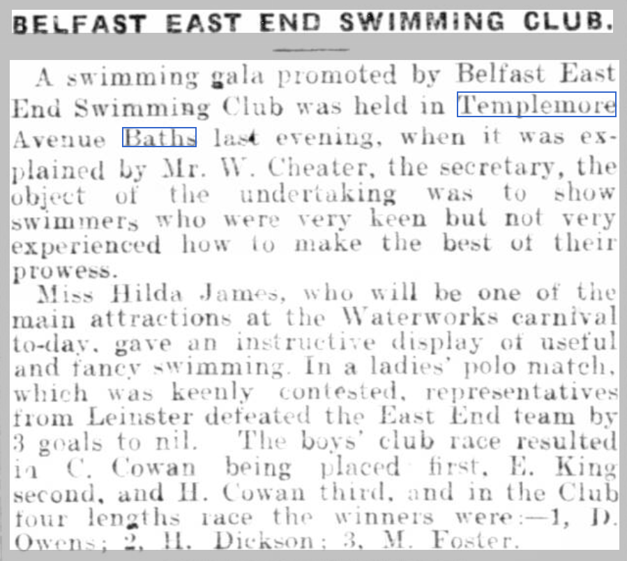 samguthrie91's tweet photo. A hundred years ago this month Hilda James, one of the greatest British swimmers of her time, showcased her talents at #TemplemoreBaths. A year later she held every women's #swimming record between 150 yards and a mile! #Belfast #EastBelfast #IrishHistory #NorthernIreland https://t.co/iwk0m0nCcW
