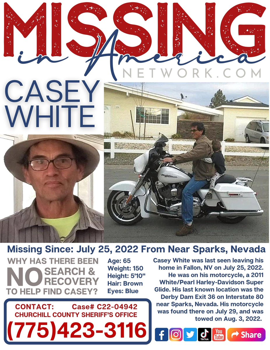 CASEY WHITE (65) has been 🚨 MISSING 🚨 from Nevada at Derby Dam since 7/25/22. 

⚠️CASEY HAS BEEN MISSING FOR 1 YEAR WITHOUT ANY SEARCH & RECOVERY TO HELP FIND HIM!

NAMUS: MP94968

#MissingInAmericaNetwork 🇺🇸 #MissingInNevada #FindCaseyWhite #TruckeeRiver #DerbyDam