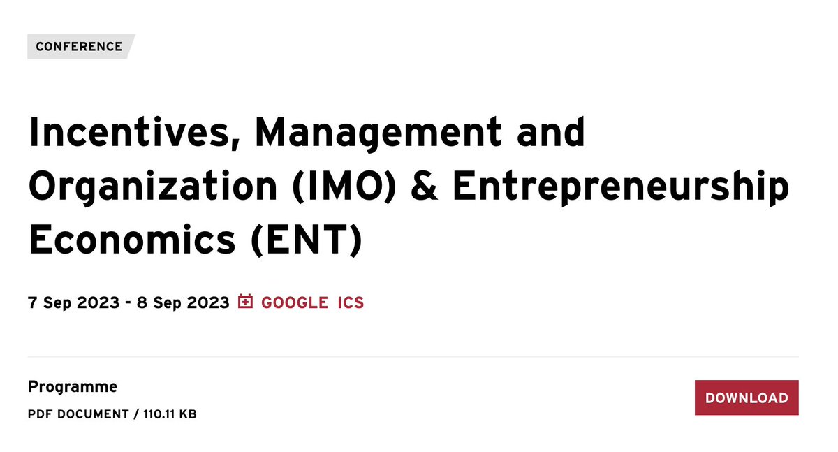 Program now available for the <a href="/cepr_org/">CEPR</a> Incentives, Management and Organization (IMO) &amp; Entrepreneurship Economics (ENT) workshop hosted <a href="/UniLUISS/">Luiss Guido Carli</a> in Rome Sept 7-8: 

 cepr.org/events/incenti…