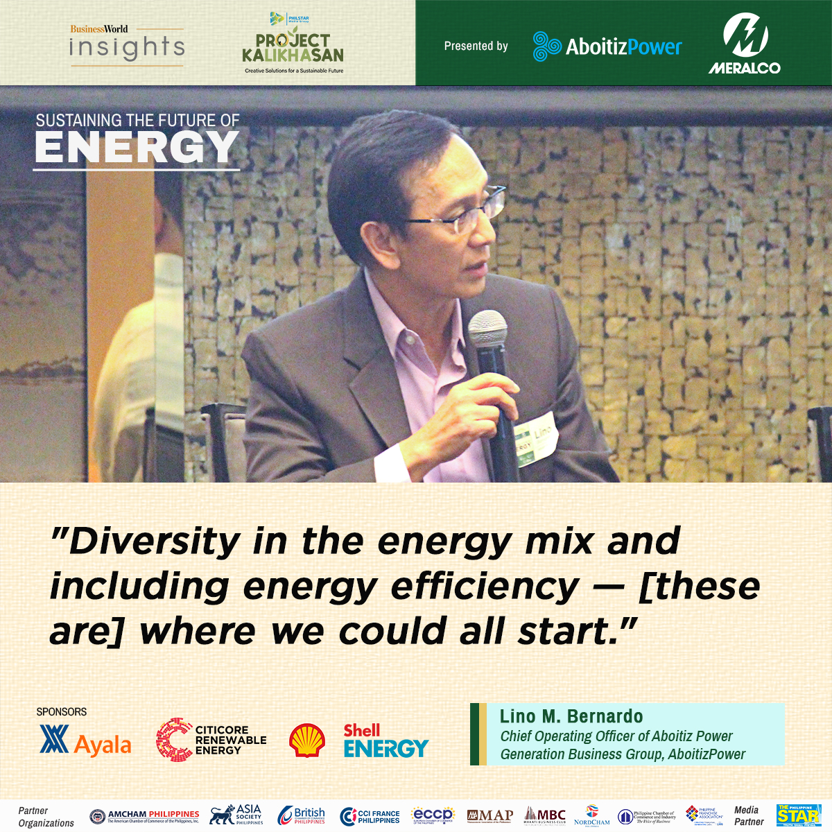 bworldph's tweet photo. AboitizPower Lino M. Bernardo on the topic “The Best Mix for the Philippine Energy Grid”.
#BusinessWorldInsights #ProjectKaLIKHAsan #PoweringEnergy #BWorldX https://t.co/5nZ4FNIbaX