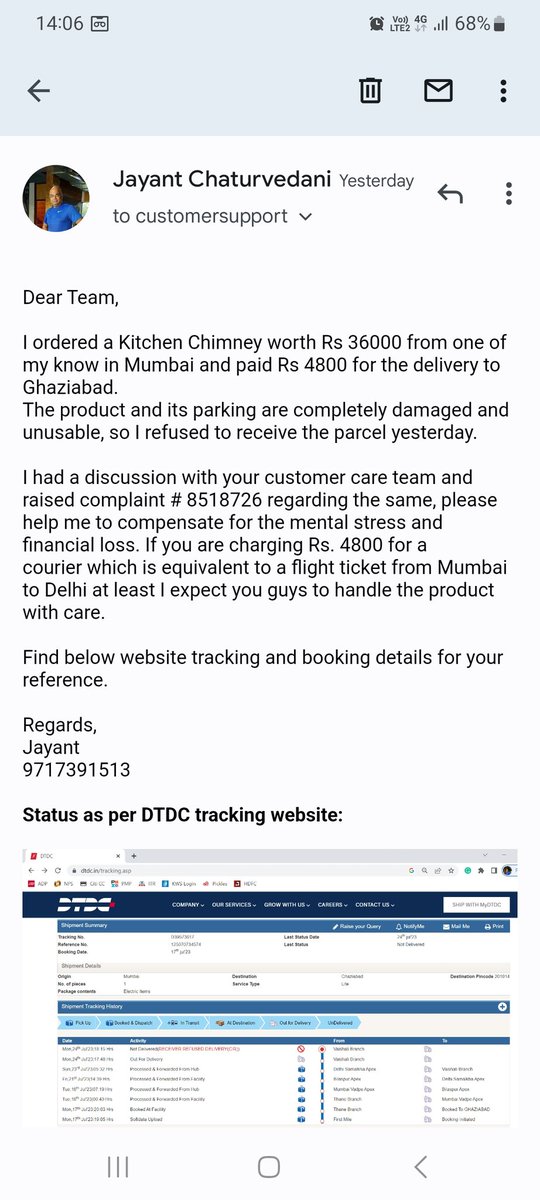 jc_jayant's tweet photo. @DTDCIndia @SubhasishDTDC Team, my product was not handle carefully by your team and it's damaged and not in usable condition, email sent to your CC team please help me to address and process refund of product and courier charges. https://t.co/8zG460CfzM
