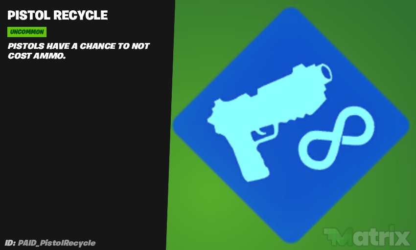 BxWelly's tweet photo. New Augments

Pistol Recycle
Pistols have a chance to not cost ammo. (33% Chance)

Scoped Salvo
Scoped weapons deal increased damage but have decreased fire rate. (15% Increased Damage, 15% lower firerate)
#Fortnite #FortniteLeaks https://t.co/yMkeU5hIz6