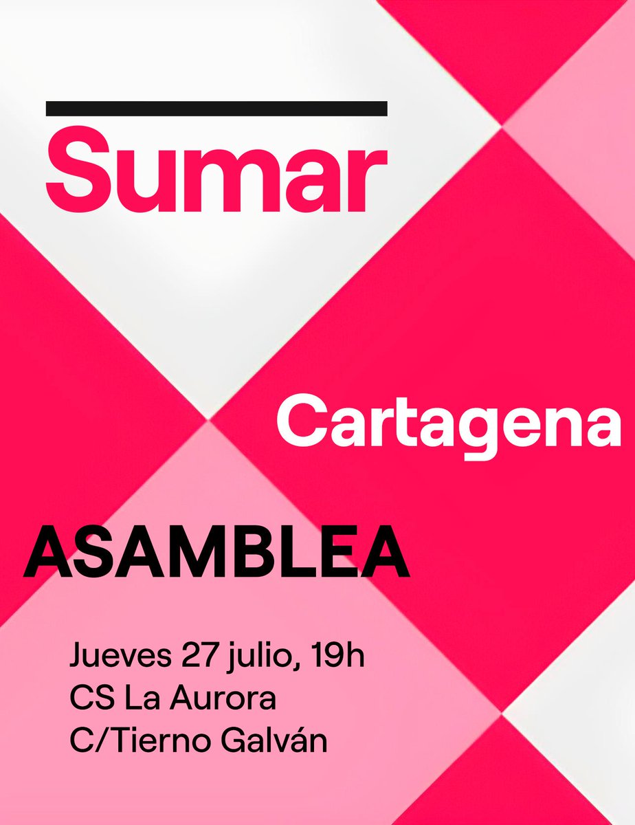 👥 Asamblea de @sumar_oficial en #Cartagena 💗➕.
¡Os esperamos a todas mañana!😊
📅 27 de julio
⌛19:00h
📍Cs La Aurora 
#sumarmultiplica
#gentequesuma➕
#sumar #sumar23
📸
instagram.com/p/CvKafj4Kavx/…