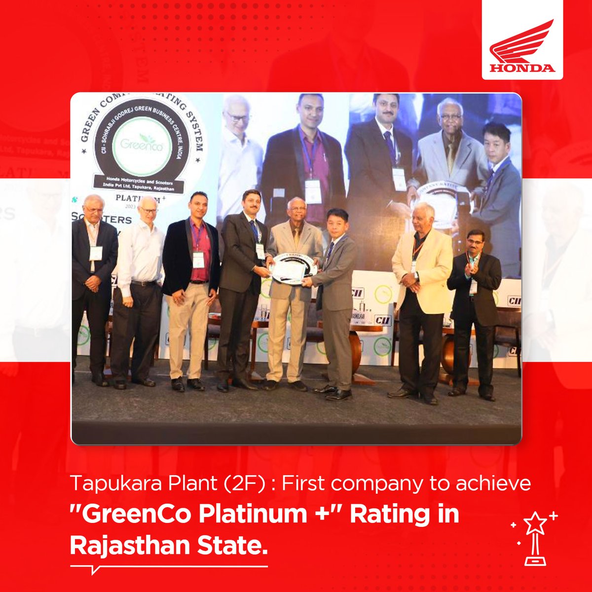 honda2wheelerin's tweet photo. HMSI facilities facilitated with GreenCO Platinum + Awards by CII, for energy efficiency, water conservation, renewable energy, GHG control &amp; environmental innovation.  

#Honda #PowerOfDreams https://t.co/OLBHS7fcZT