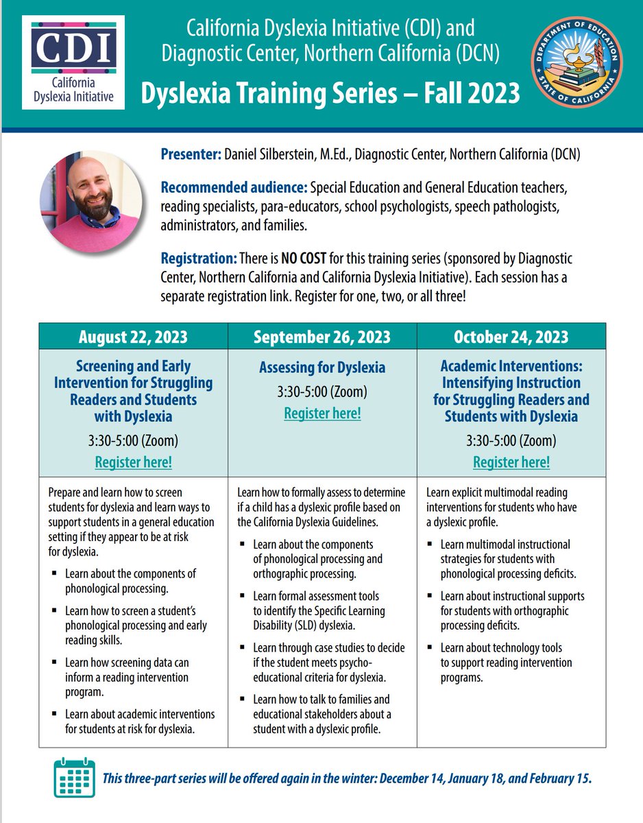 Take advantage of the California Dyslexia Initiative and the Diagnostic Center, Northern California's FREE Fall 2023 Dyslexia Training Series! Learn more about @sac_coe and the CDI at scoe.net/divisions/ed_s…, and register for the webinars (and more!) at scoe.gosignmeup.com/public/Course/….