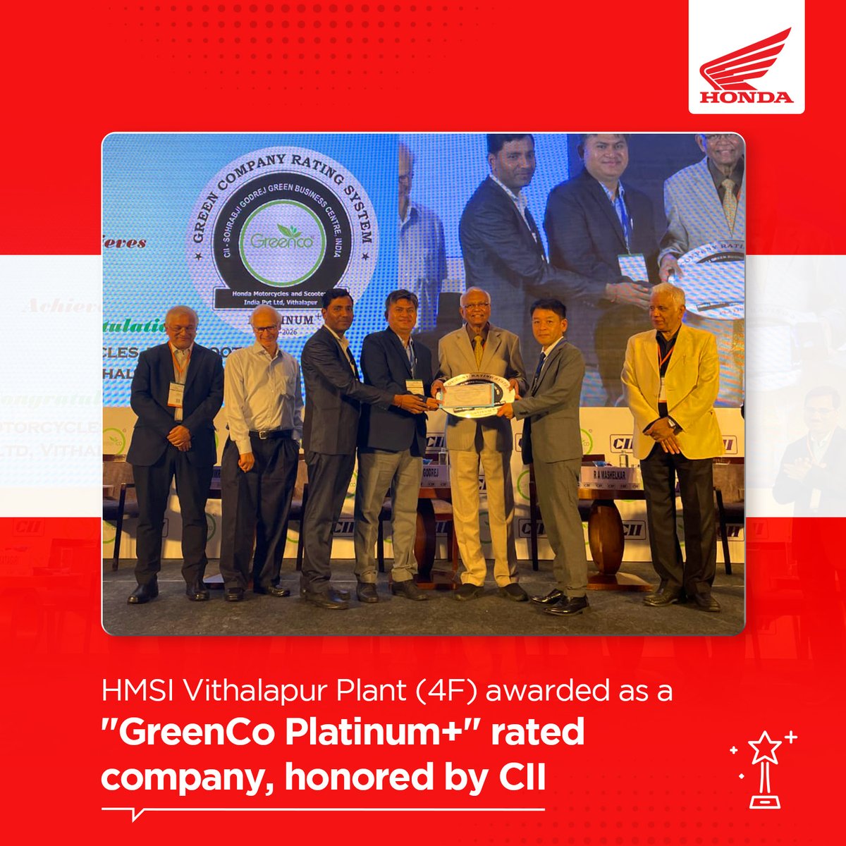 honda2wheelerin's tweet photo. HMSI facilities facilitated with GreenCO Platinum + Awards by CII, for energy efficiency, water conservation, renewable energy, GHG control &amp; environmental innovation.  

#Honda #PowerOfDreams https://t.co/OLBHS7fcZT