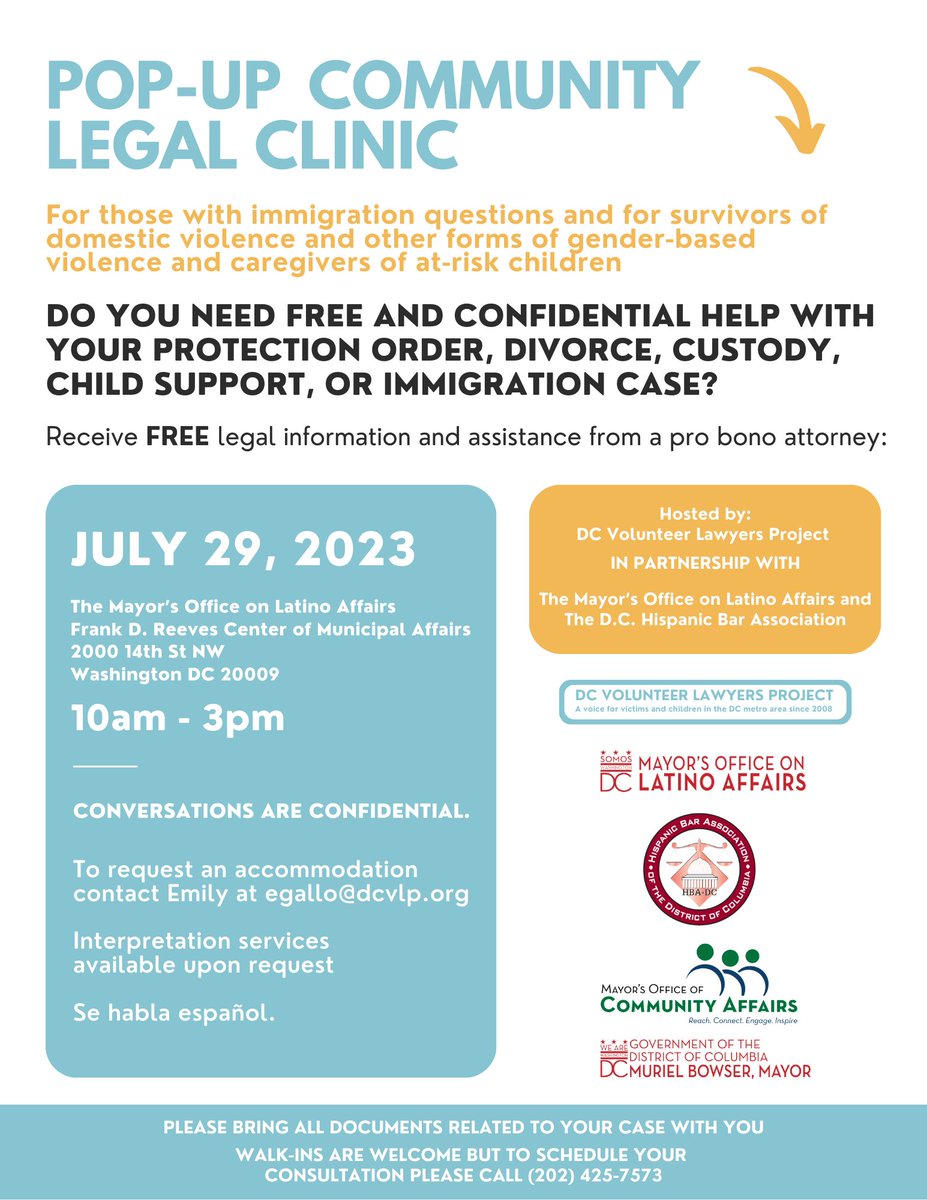 LAYC (@laycdc) on Twitter photo The @DCVLP are hosting a pro-bono pop-up community legal clinic this Saturday in partnership with <a href="/OLADCGov/">Mayor's Office on Latino Affairs</a>, <a href="/HBADC/">Hispanic Bar Assn DC</a> and DC Mayor's Office of Community Affairs. The @DCVLP are hosting a pro-bono pop-up community legal clinic this Saturday in partnership with <a href="/OLADCGov/">Mayor's Office on Latino Affairs</a>, <a href="/HBADC/">Hispanic Bar Assn DC</a> and DC Mayor's Office of Community Affairs.