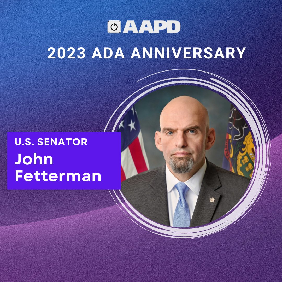 AAPD's tweet photo. AAPD is proud to have @SenFettermanPA speak at our #ADA33 anniversary celebration. Sen. Fetterman has emerged as a national voice and a powerful leader within the disabled community. To learn more about John’s journey check out the article below. https://t.co/tauOFc7DHp