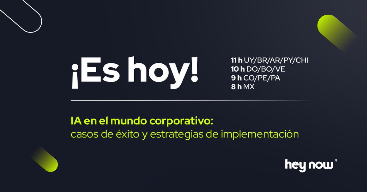 heynowbots's tweet photo. 📅 Evento | ¡Es hoy! 🤩

En unas horas nos encontraremos en nuestro webinar 👉 IA en el mundo corporativo: casos de éxito y estrategias de implementación.

Inscríbete 👉 https://t.co/W64qfjOkGE https://t.co/qHXBwFSGsm
