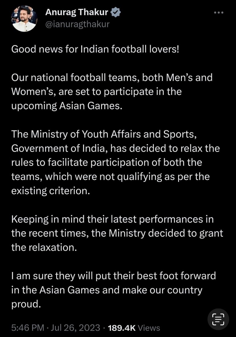 Good news for Indian football. Thanks to all who sincerely supported this …