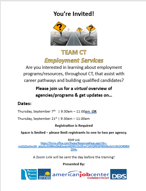 ADS__CT's tweet photo. In September, join ADS and our employment partners to learn about programs and resources that assist with career pathways. Register at https://t.co/ZbHfdLMH5l https://t.co/9CZPAr1xtt