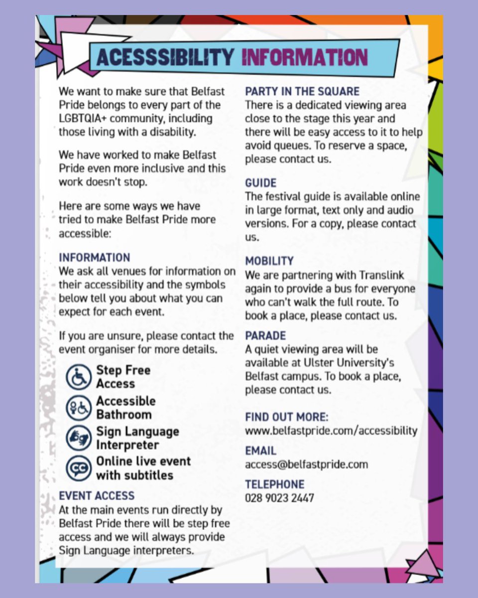 📢 BELFAST PRIDE FESTIVAL – ACCESSBILITY INFO 🛈

#BelfastPride are committed to making the Festival more inclusive every year &amp; this year is no different.

📧 For all bookings &amp; questions email: access@belfastpride.com