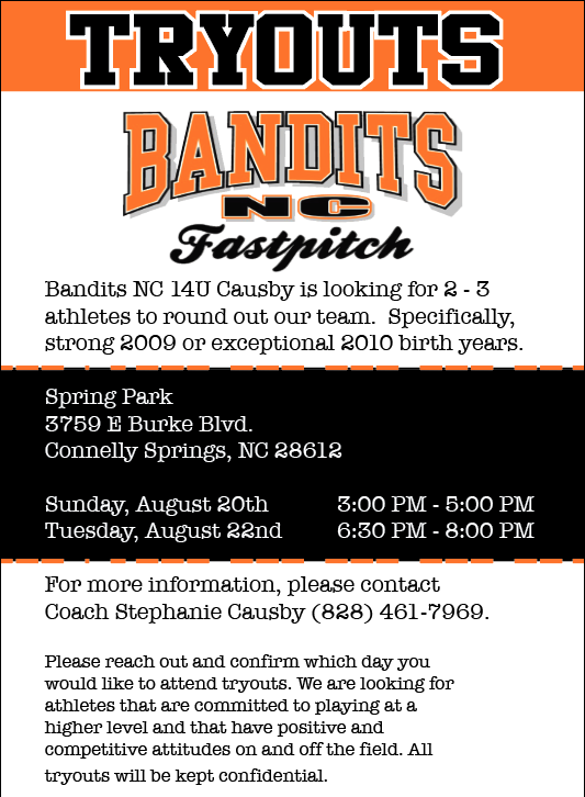 Registration for tryouts is open!! If you plan on coming either day Sunday or Tuesday, please fill out the google form so we can anticipate your athlete. #banditsnc #banditsnccausby docs.google.com/forms/d/e/1FAI…